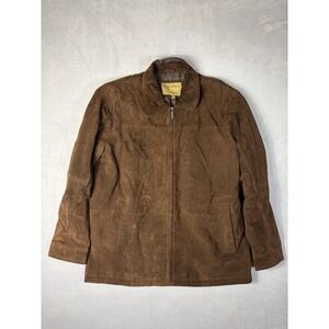 BOSTON HARBOUR OUTDOOE WEAR SUEDE LEATHER COAT FULL ZIP SNAP SLEEVE BROWN LARGE